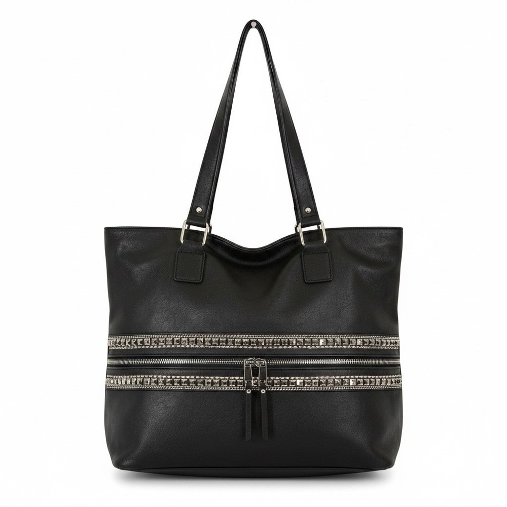 Faux Leather Black Silver Jeweled Large Shoulder Tote Bag 17 X 12 X 6 Edgy Chic - Picture 6 of 7